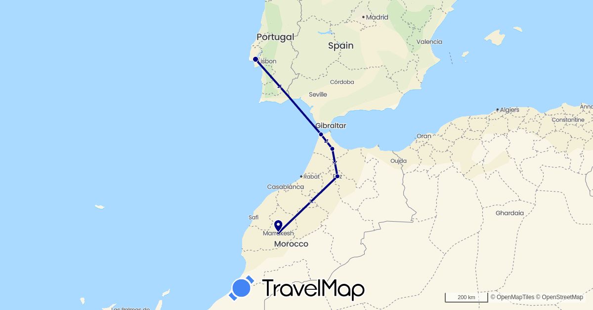 TravelMap itinerary: driving in Morocco, Portugal (Africa, Europe)